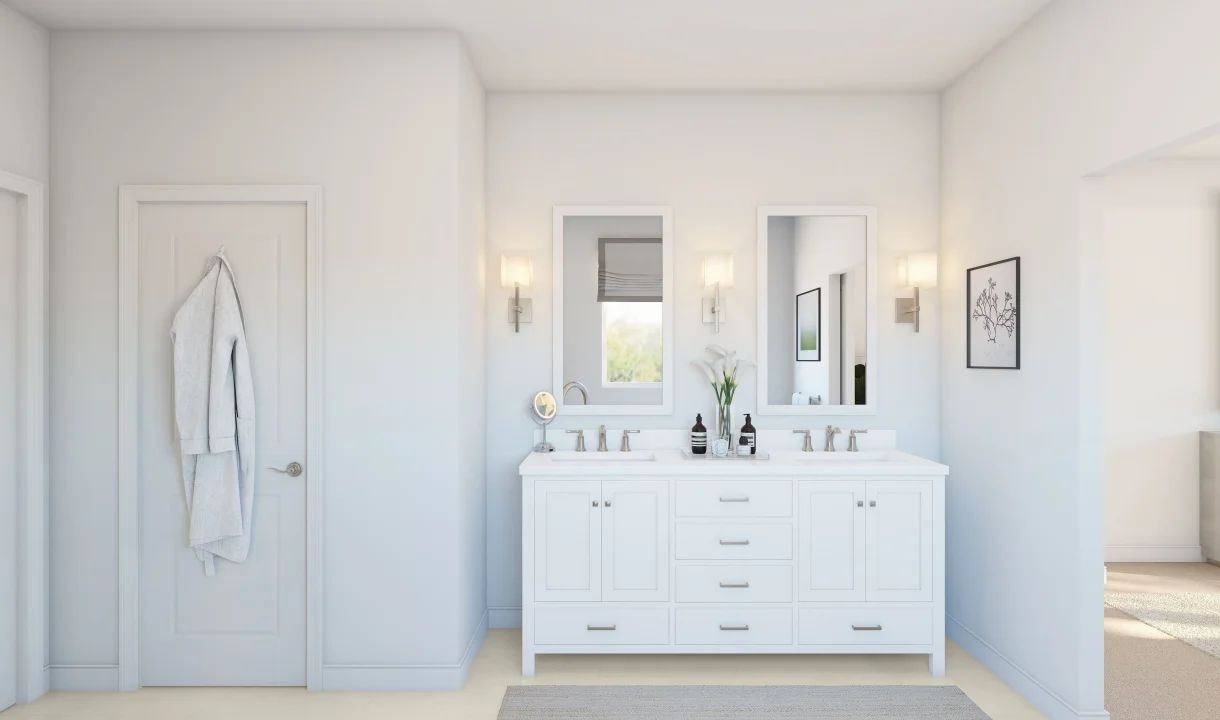 Primary bath with freestanding vanity