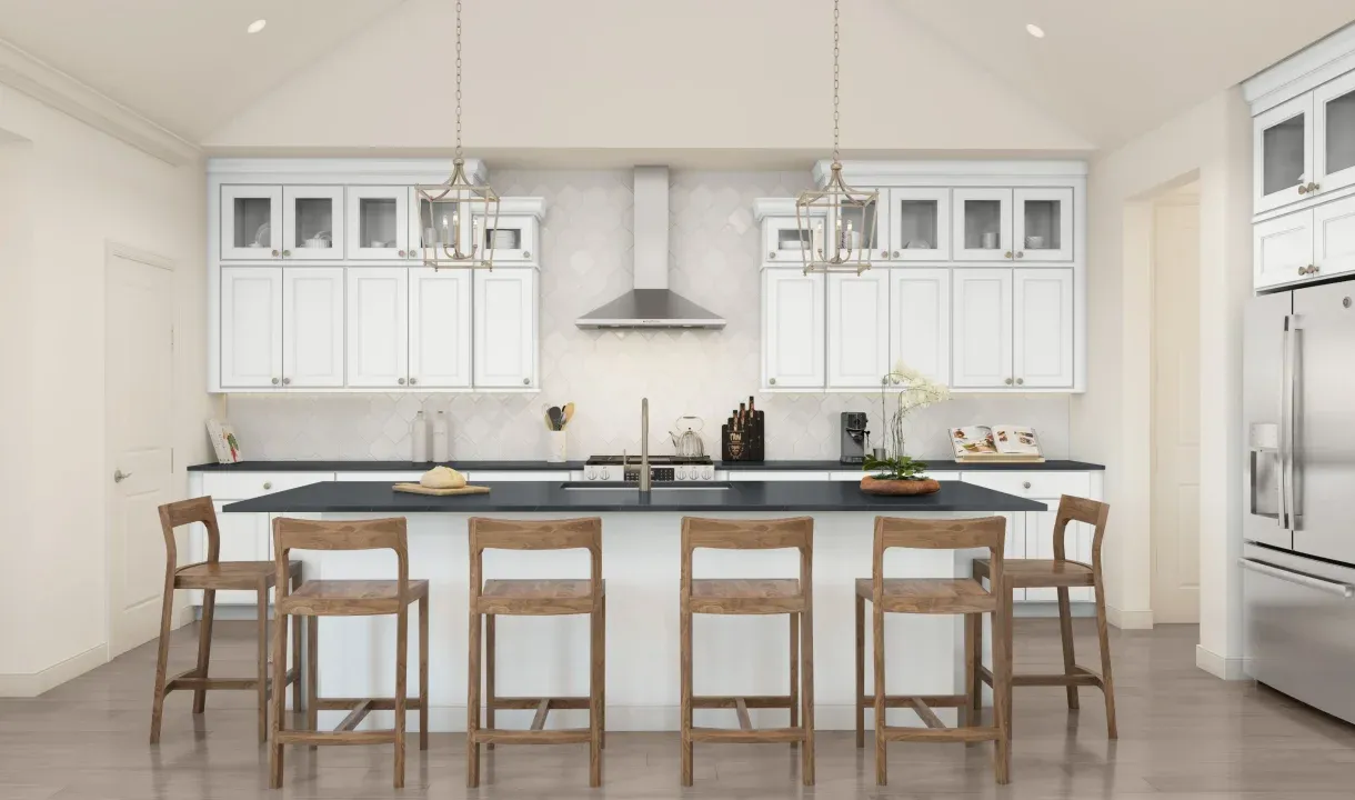 Kitchen with glass upper cabinets and pendant lighting