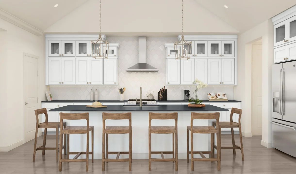 Kitchen with glass upper cabinets and pendant lighting