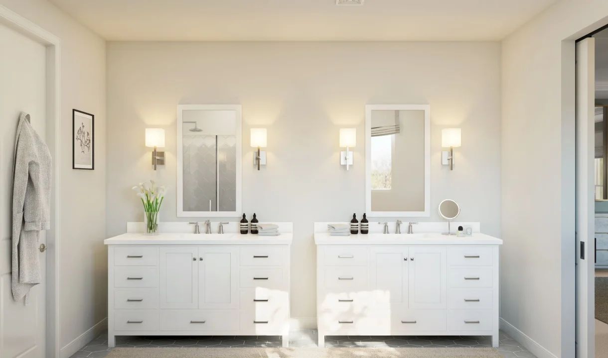 Primary bath with dual freestanding vanities