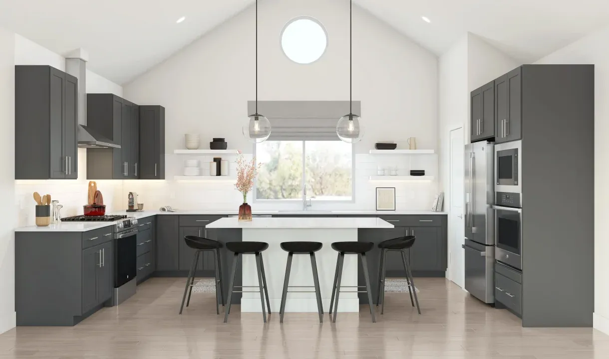 Kitchen with vaulted ceiling and pendant lighting