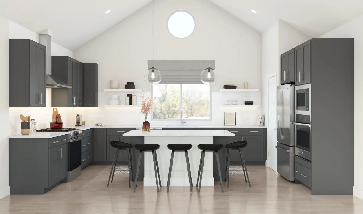 Kitchen with vaulted ceiling and pendant lighting