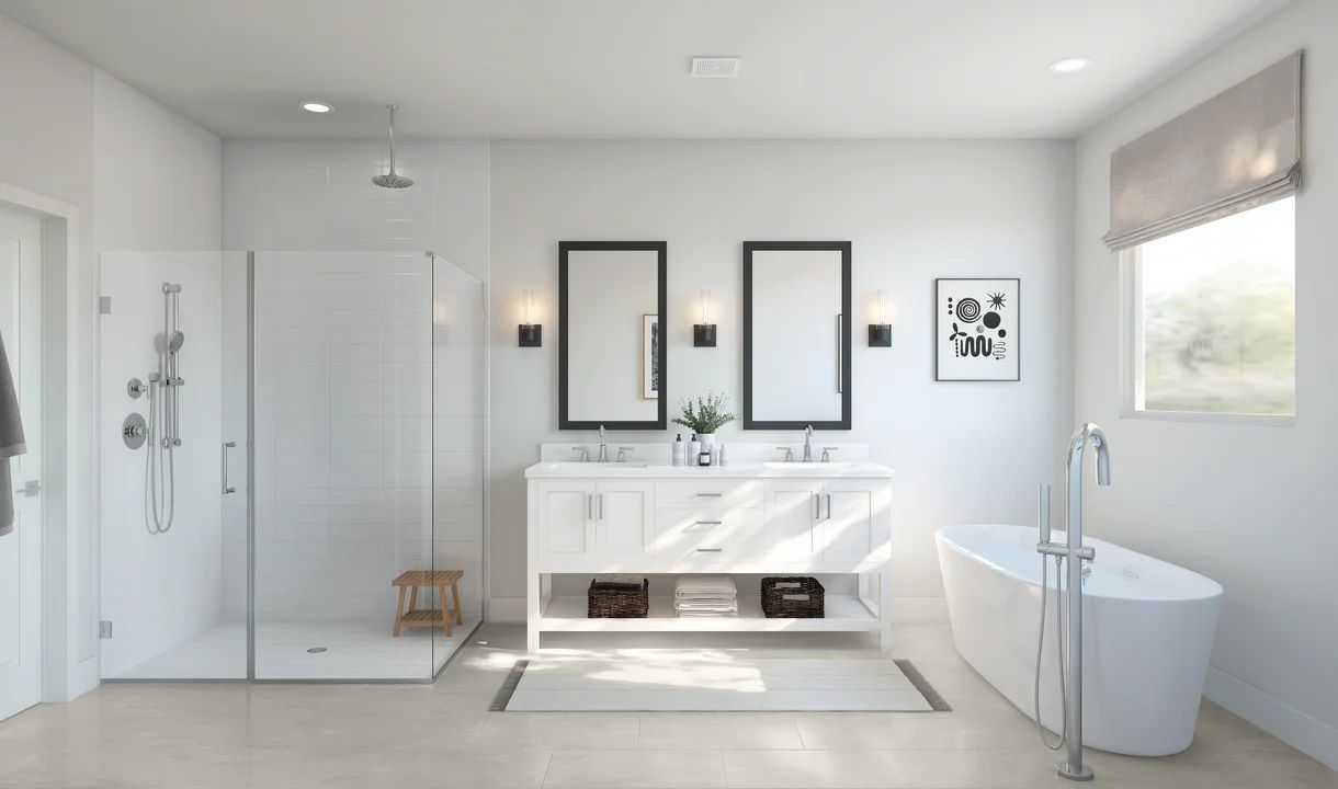 Primary bath with glass shower enclosure and tub