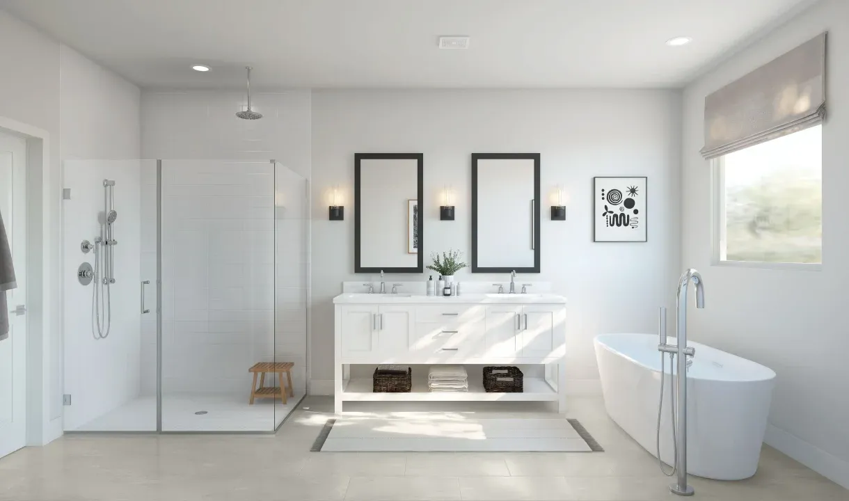 Primary bath with glass shower enclosure and tub