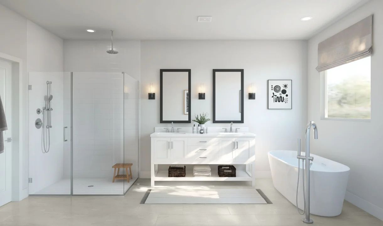 Primary bath with glass shower enclosure and tub