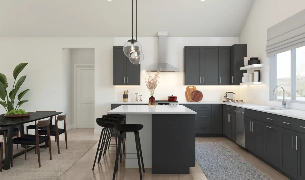 Kitchen with floating shelves and pendant lighting