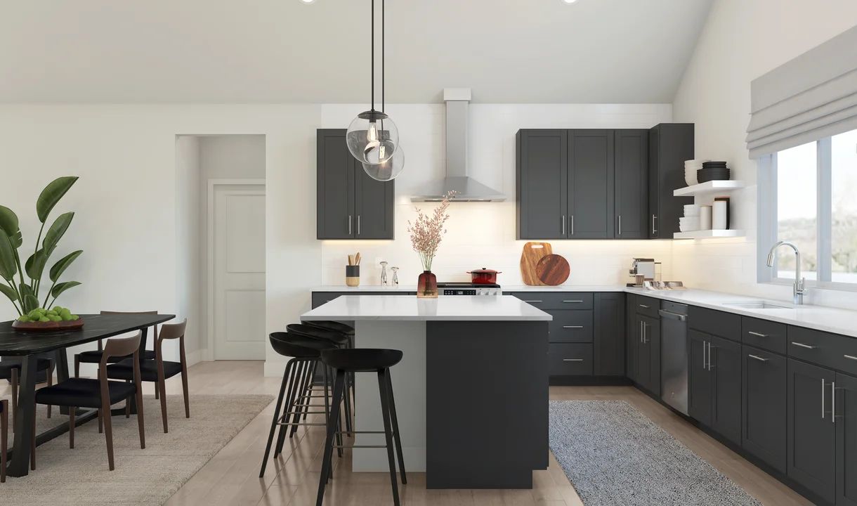 Kitchen with floating shelves and pendant lighting