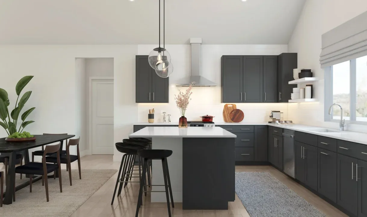 Kitchen with floating shelves and pendant lighting
