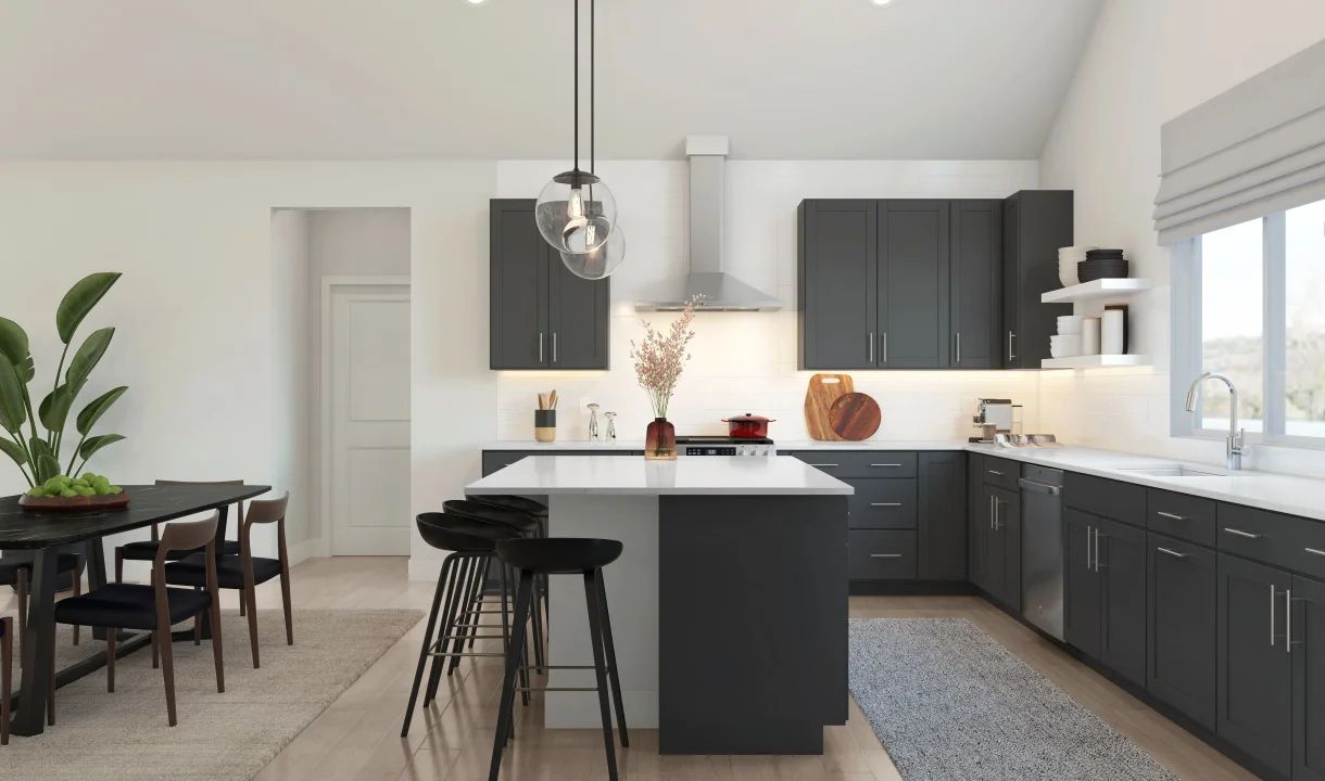 Kitchen with floating shelves and pendant lighting