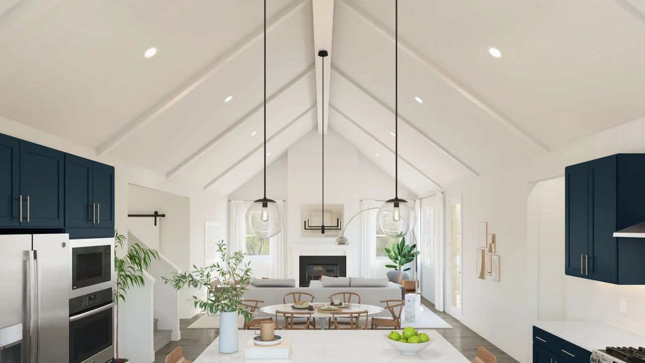 Great room with white painted ceiling beams