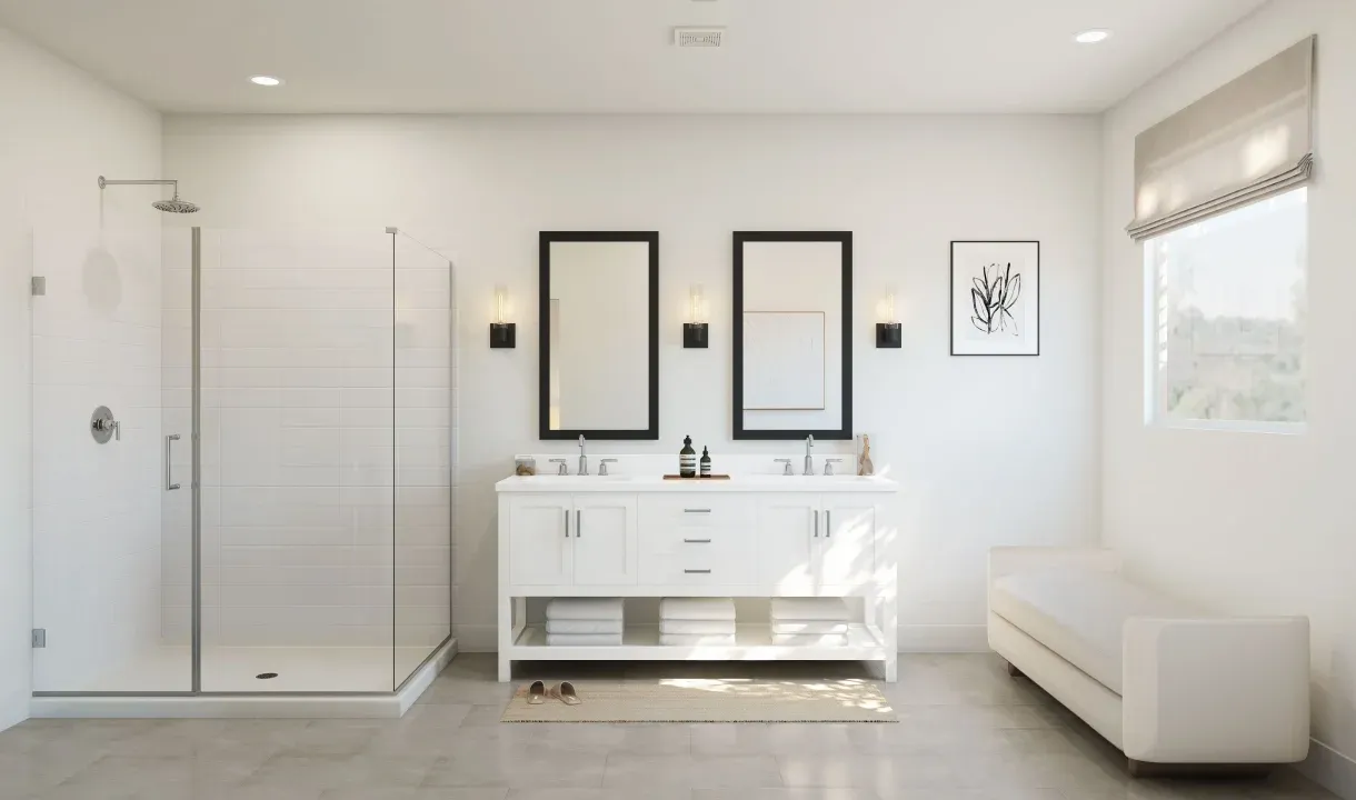 Primary bath with freestanding vanity