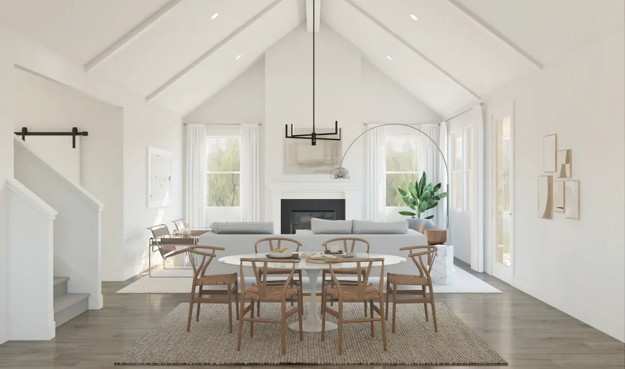 Vaulted ceiling and white stained ceiling beams in the dining area