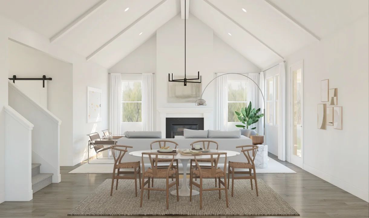 Vaulted ceiling and white stained ceiling beams in the dining area