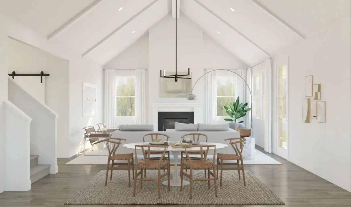 Vaulted ceiling and white stained ceiling beams in the dining area