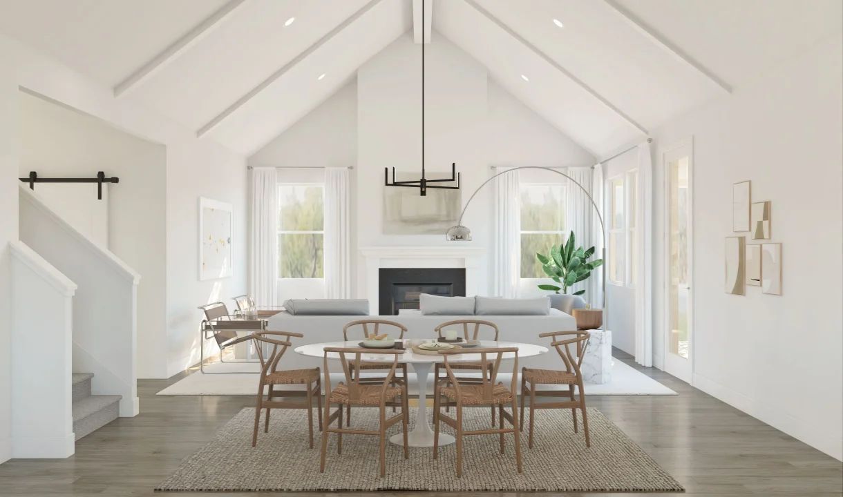 Vaulted ceiling and white stained ceiling beams in the dining area