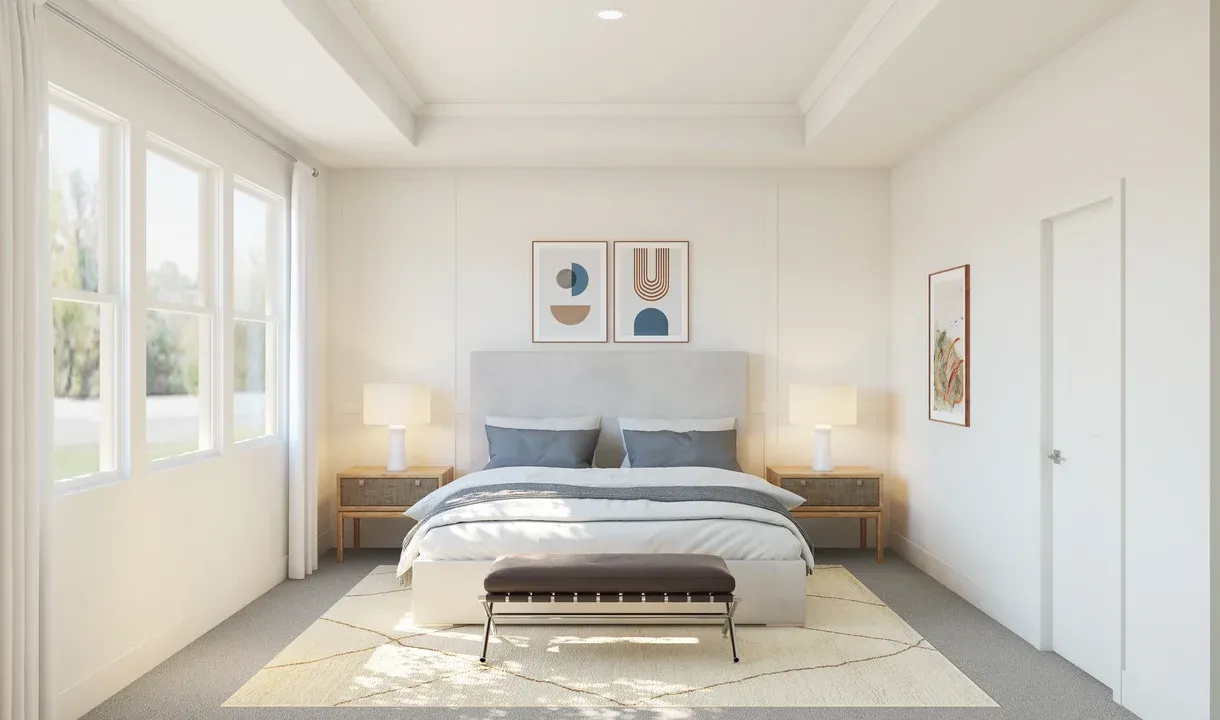 Primary suite with decorative feature wall and crown moulding