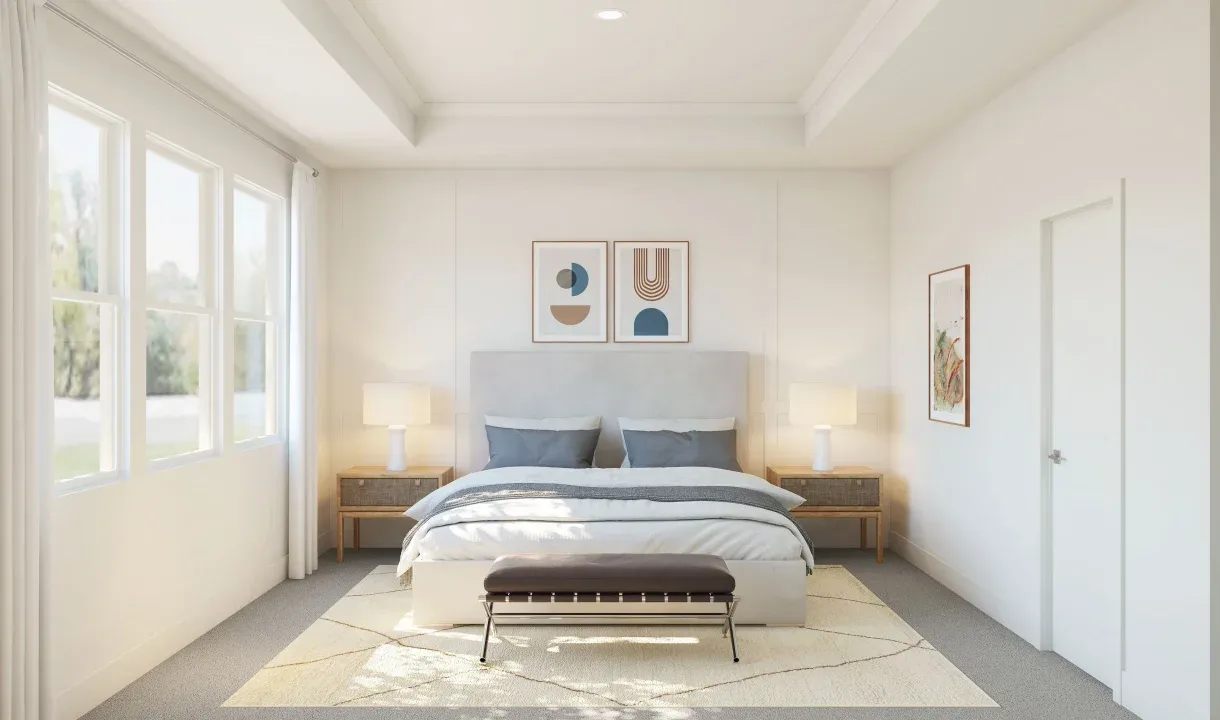 Primary suite with decorative feature wall and crown moulding