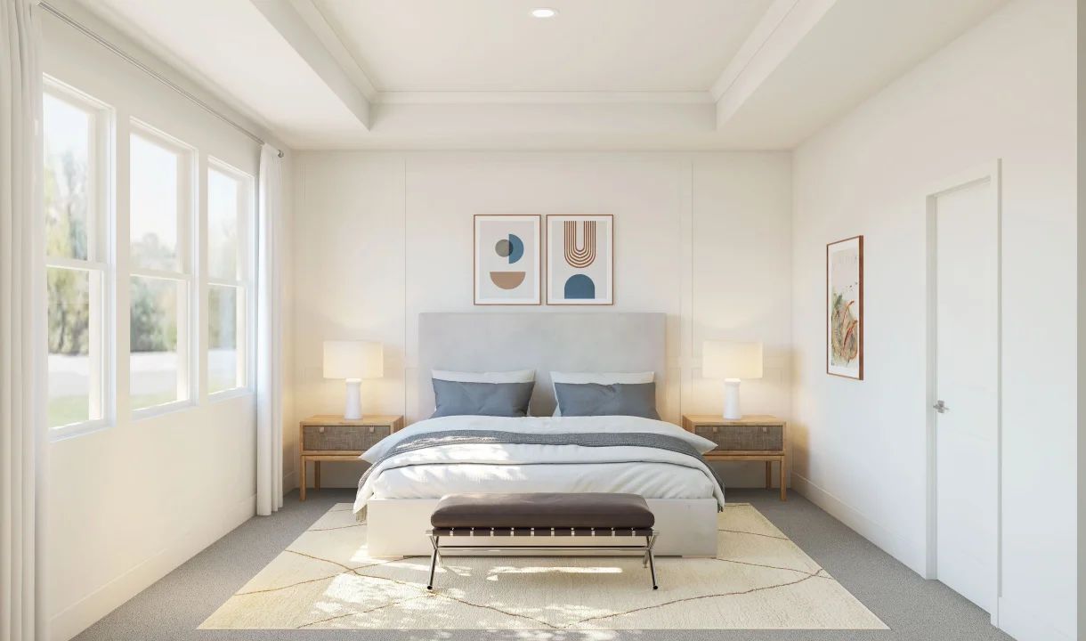 Primary suite with decorative feature wall and crown moulding