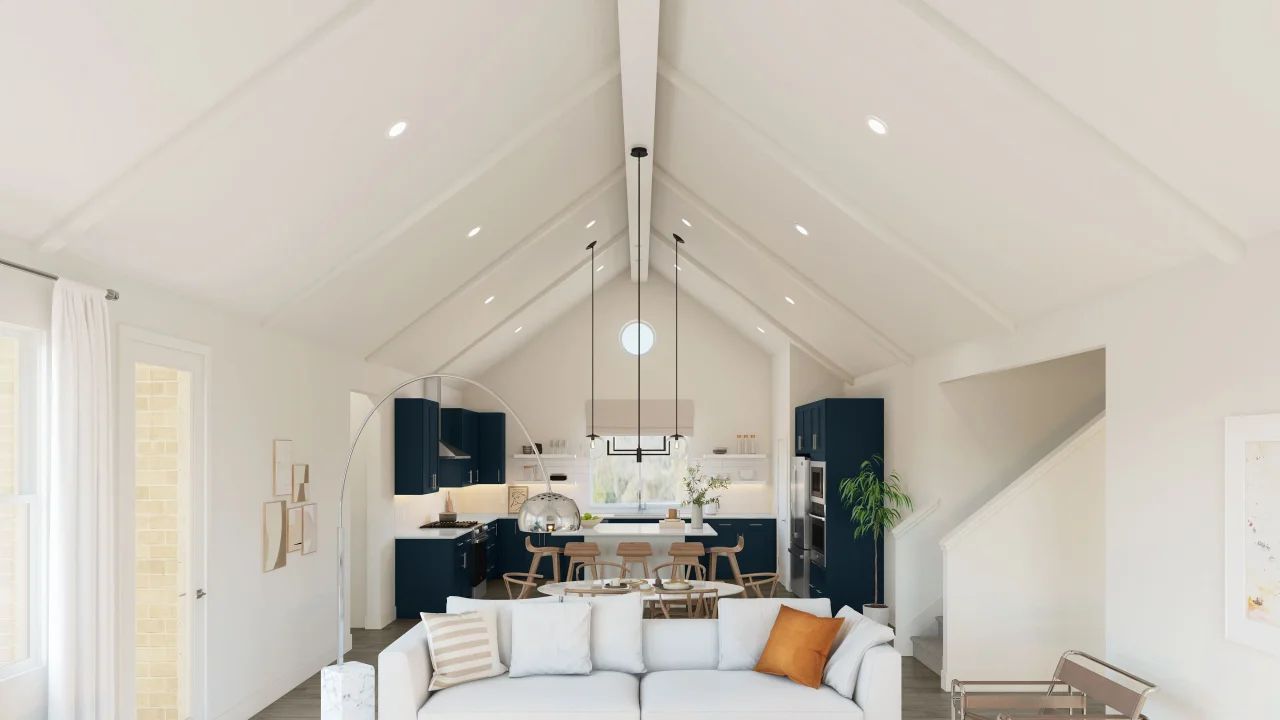 Vaulted ceiling with white painted ceiling beams