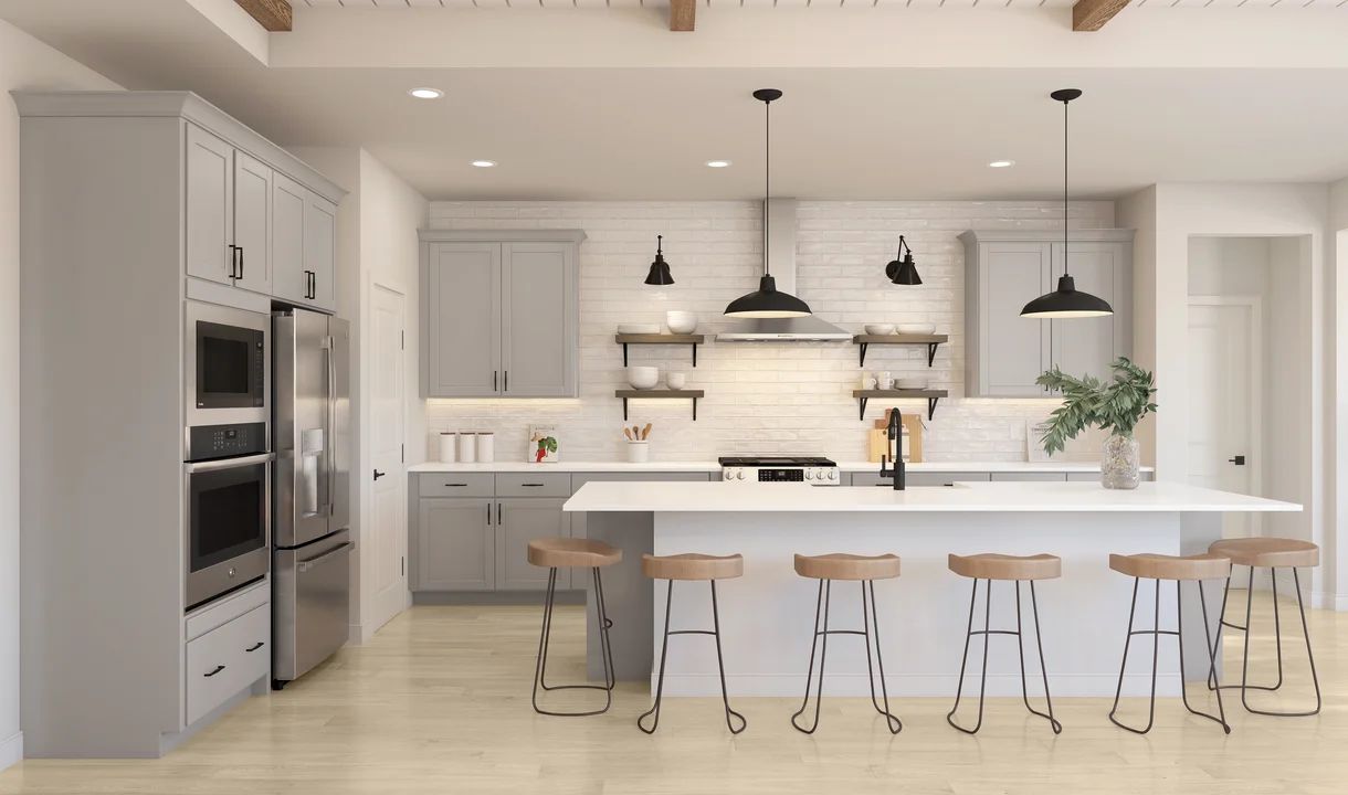 Kitchen with floating shelves and pendant lighting