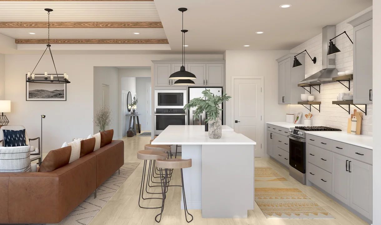 Kitchen with floating shelves and spacious island