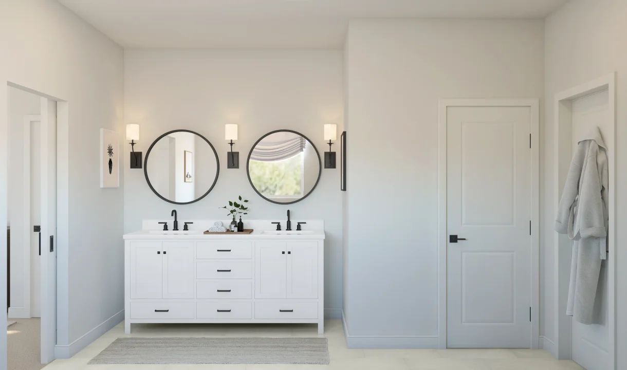 Primary bath with freestanding vanity and matte black fixtures