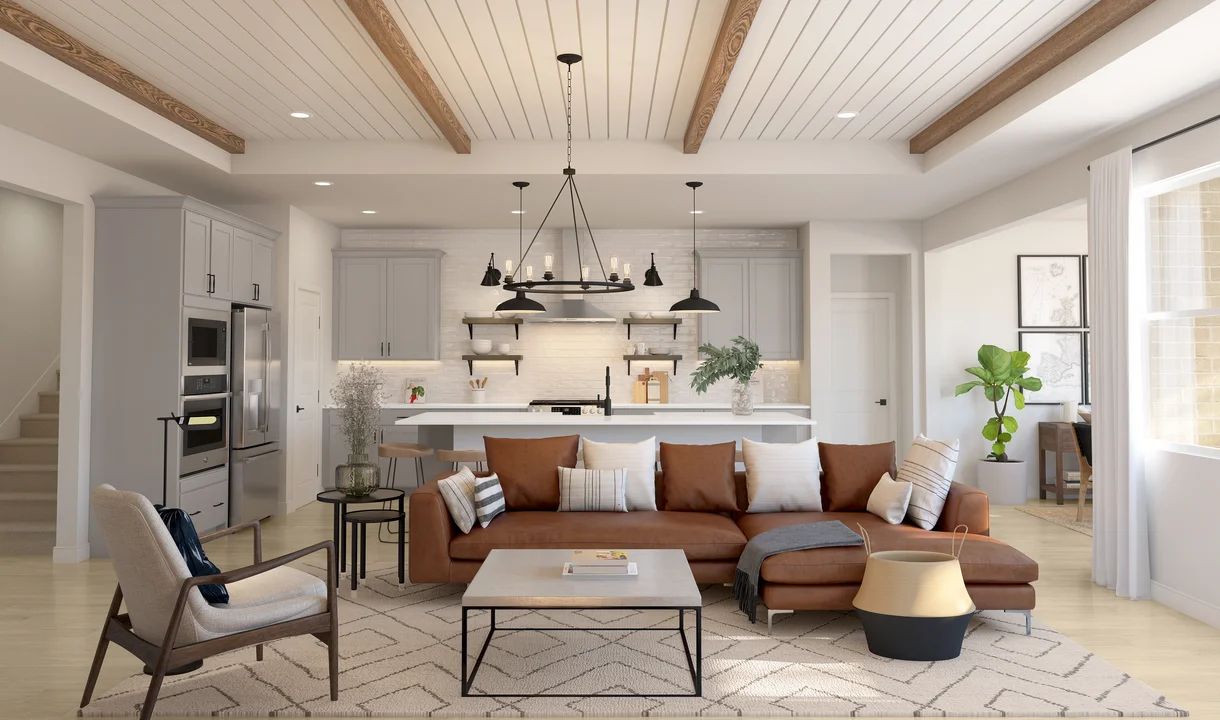 Great room with ceiling accents and crown moulding