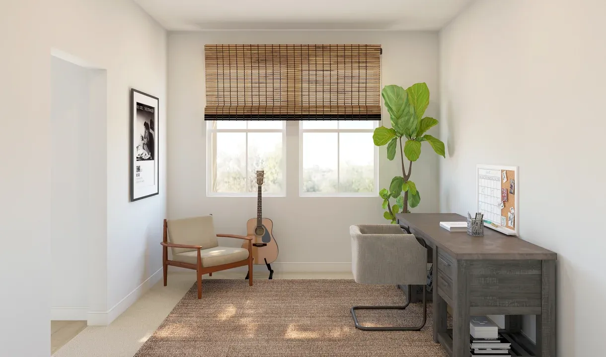 Home office off foyer with single barn door