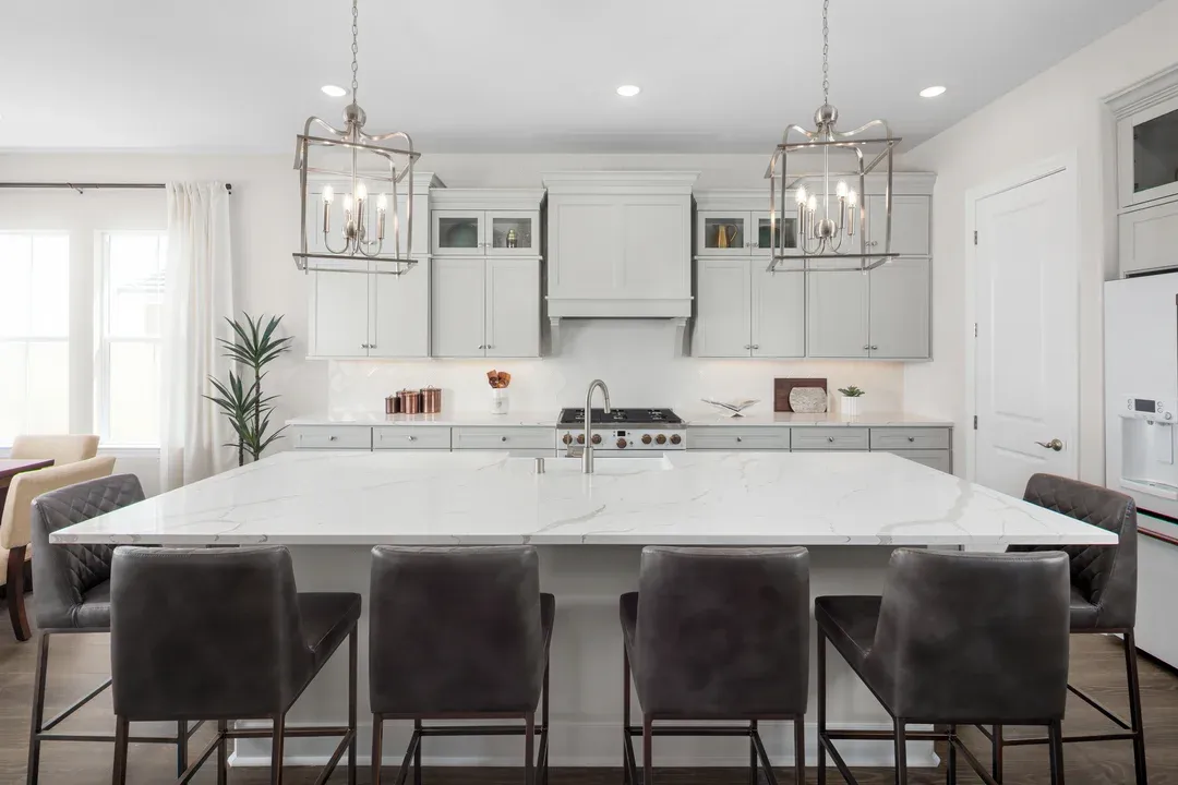 Kitchen with quartz island and countertops