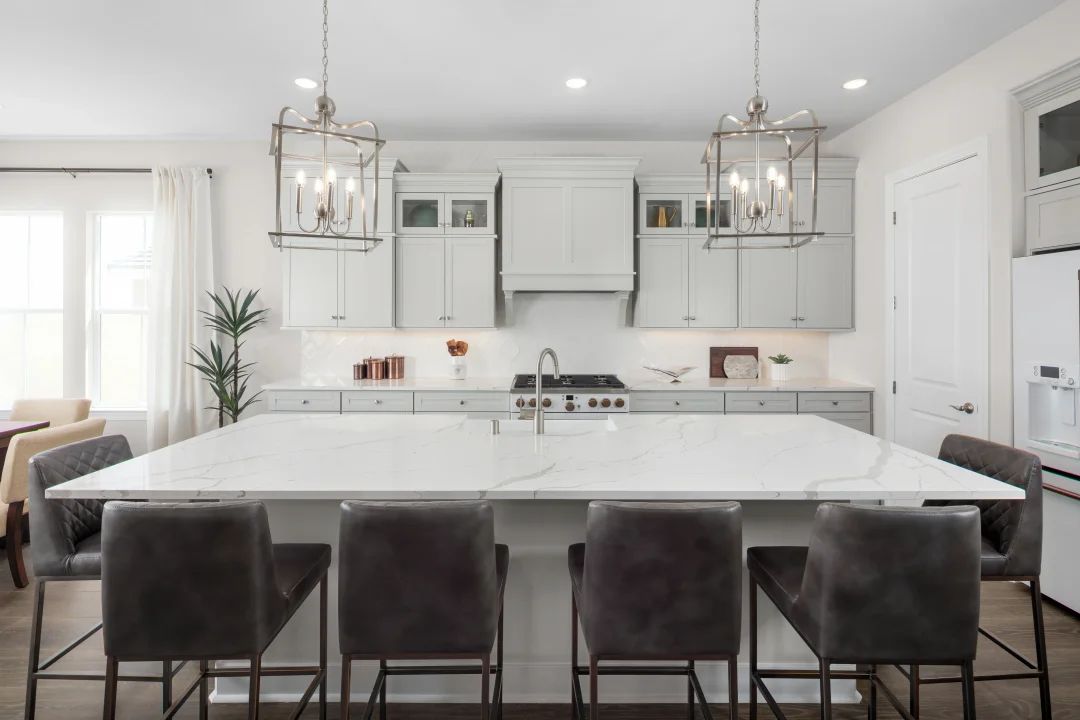 Kitchen with quartz island and countertops