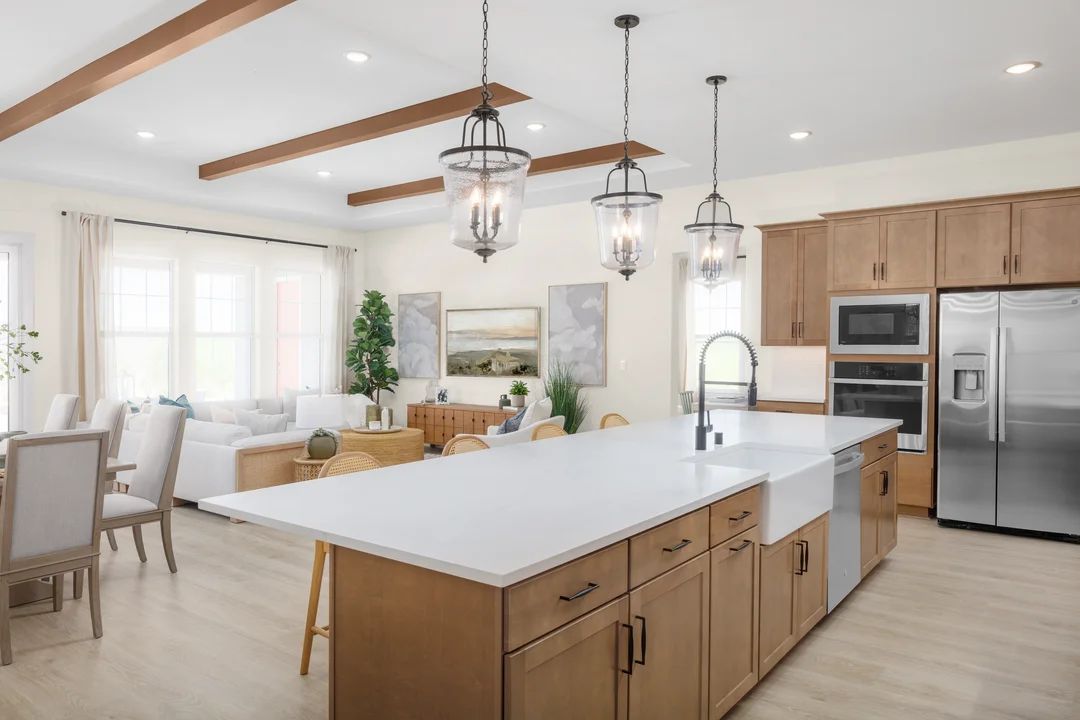 Kitchen with matte black hardware and stained cabinets