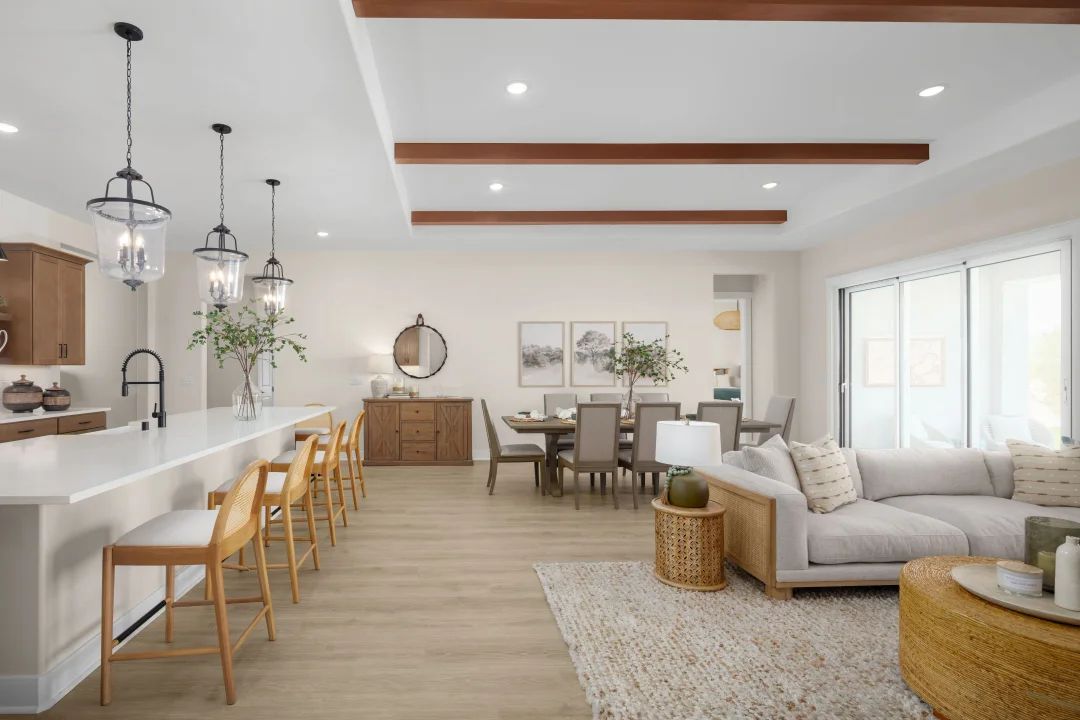 Great room with stained ceiling beams