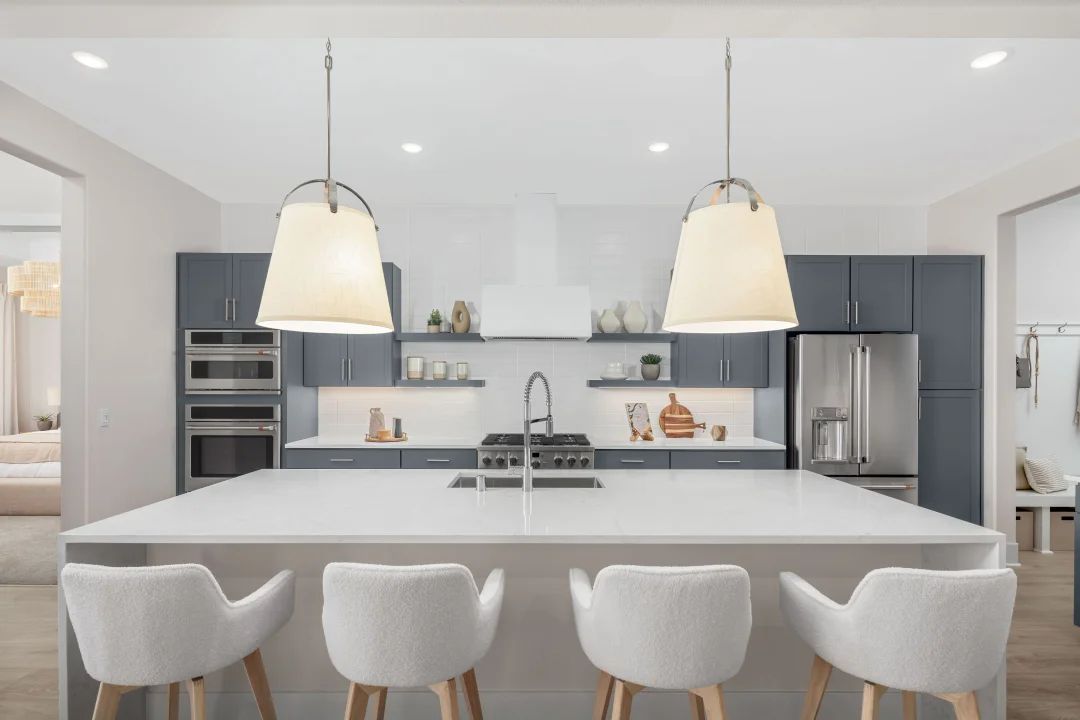 Kitchen with quartz island and countertops