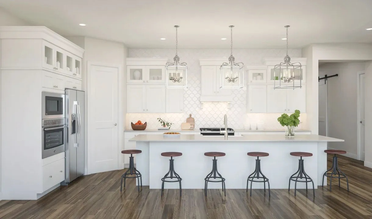 Kitchen with pendant lighting and upper glass cabinets