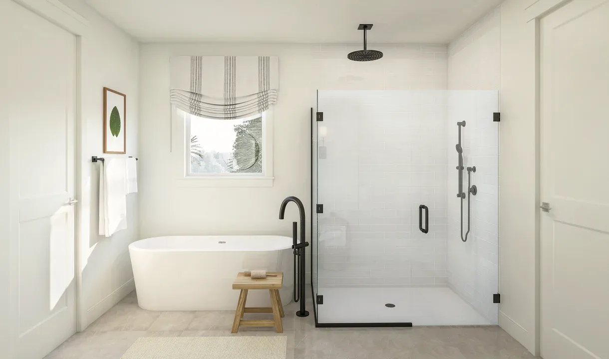 Primary bath shower with vessel tub