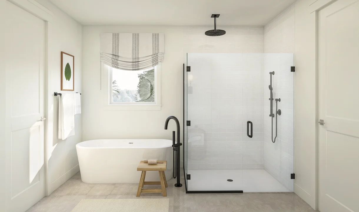 Primary bath shower with vessel tub