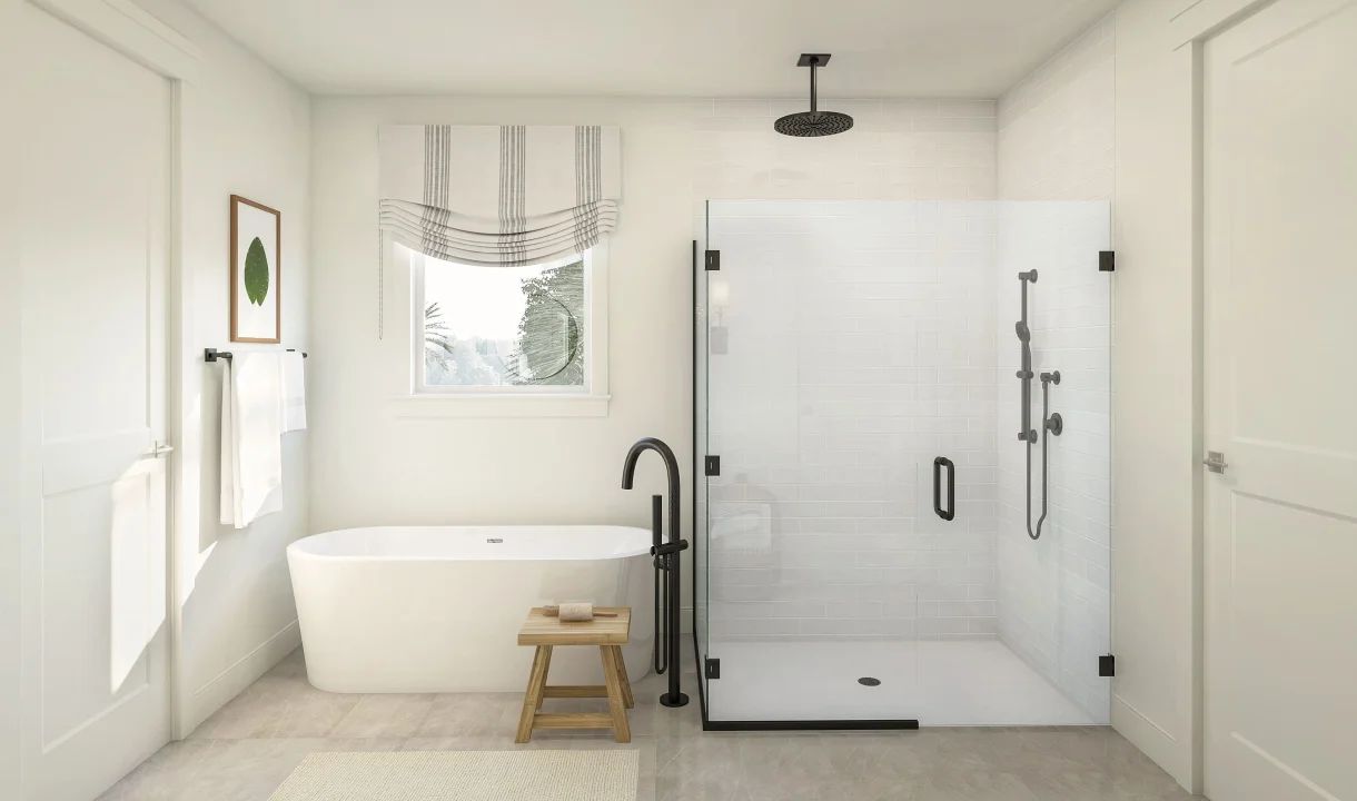 Primary bath shower with vessel tub