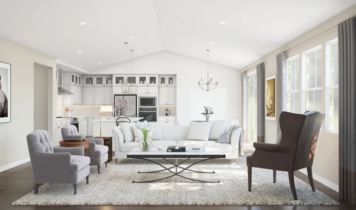 Great room with vaulted ceiling