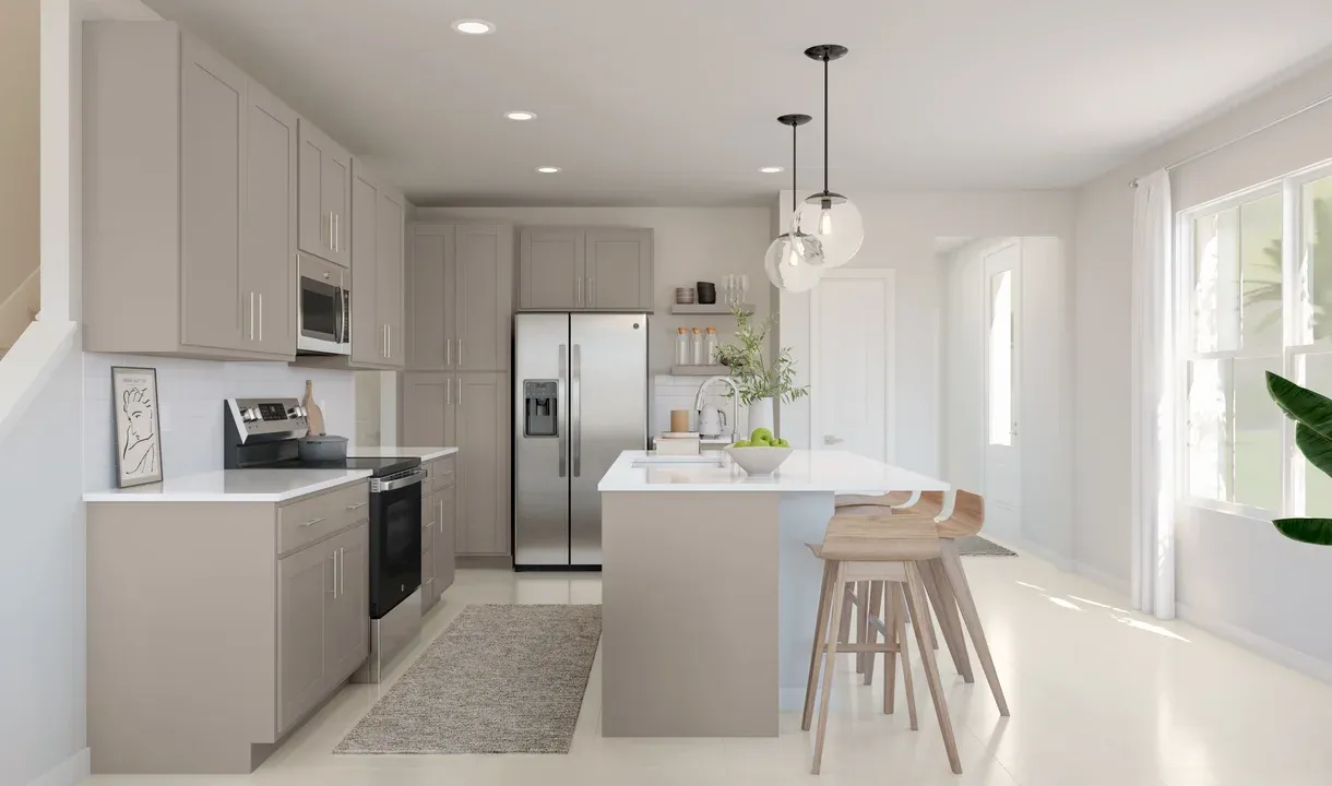 Kitchen with quartz island and countertops
