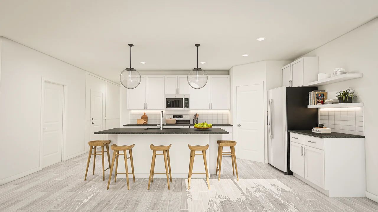 Kitchen with floating shelves and corner pantry