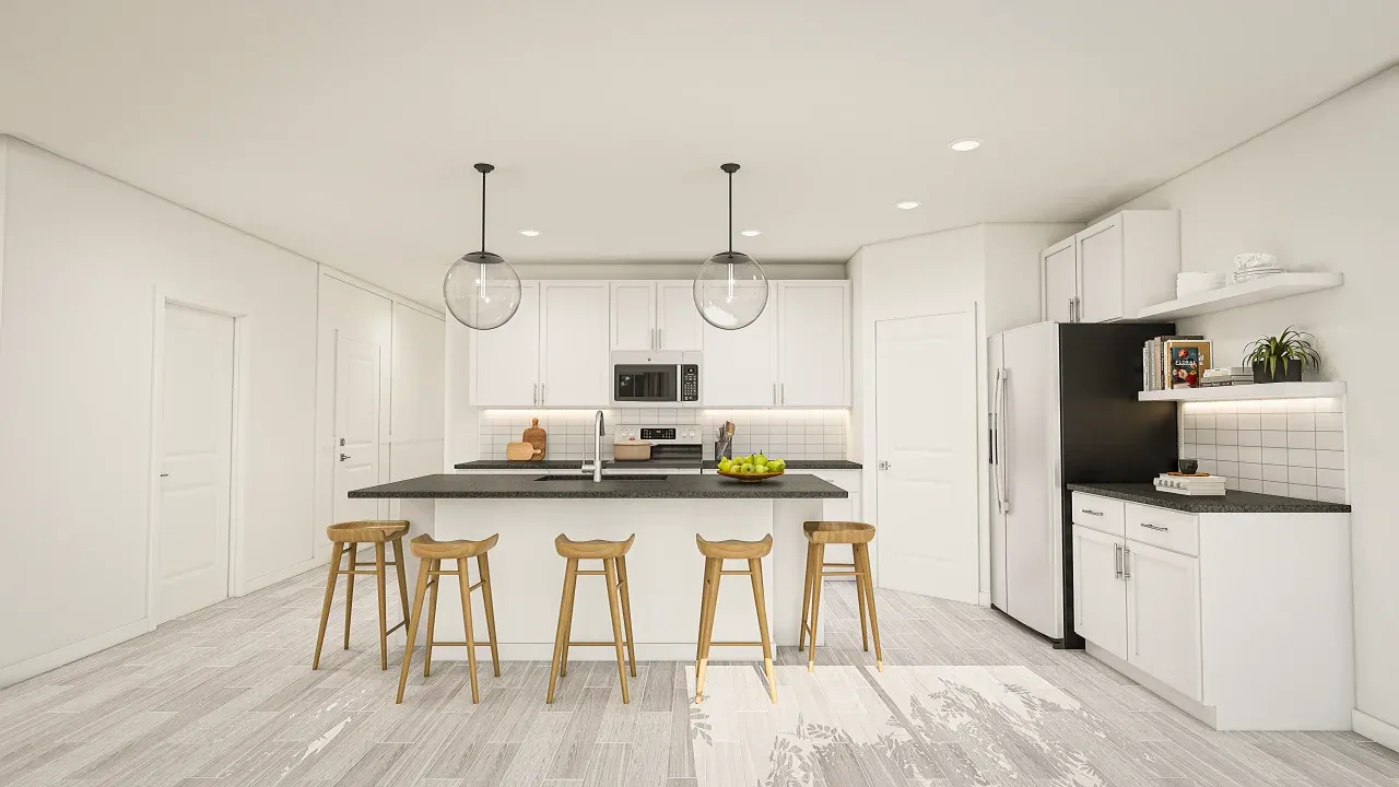 Kitchen with floating shelves and corner pantry