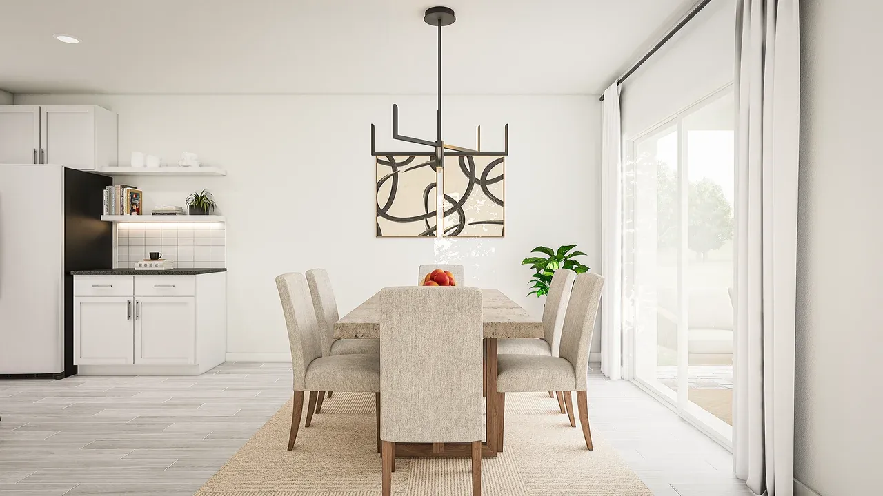 Dining area with decorative chandelier