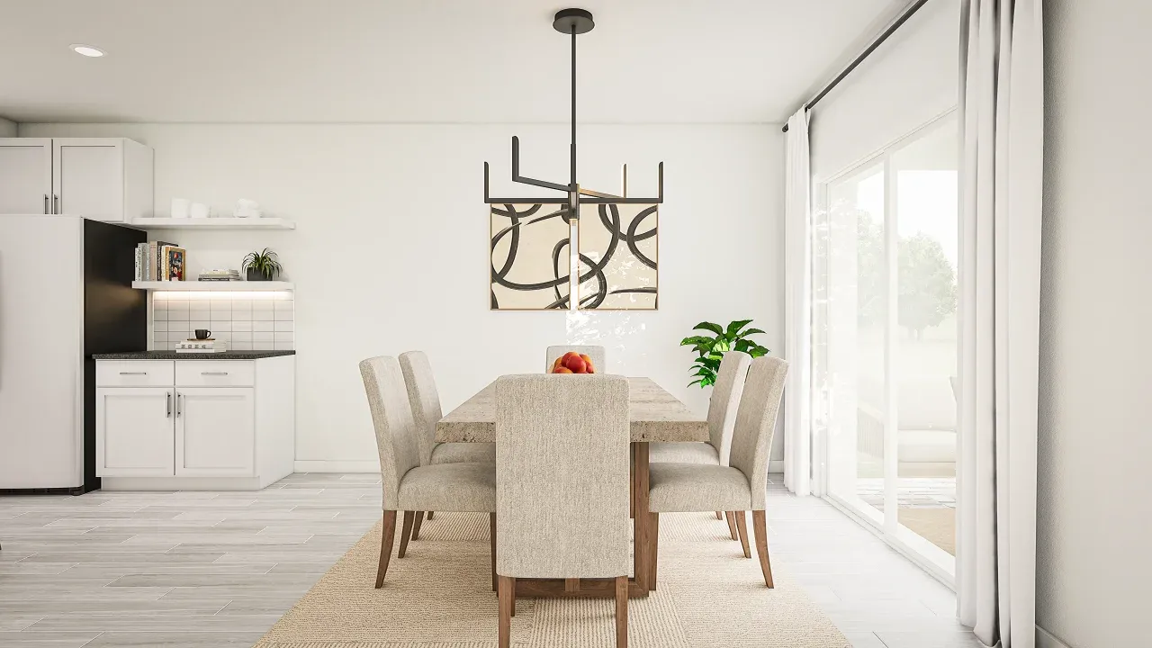 Dining area with decorative chandelier