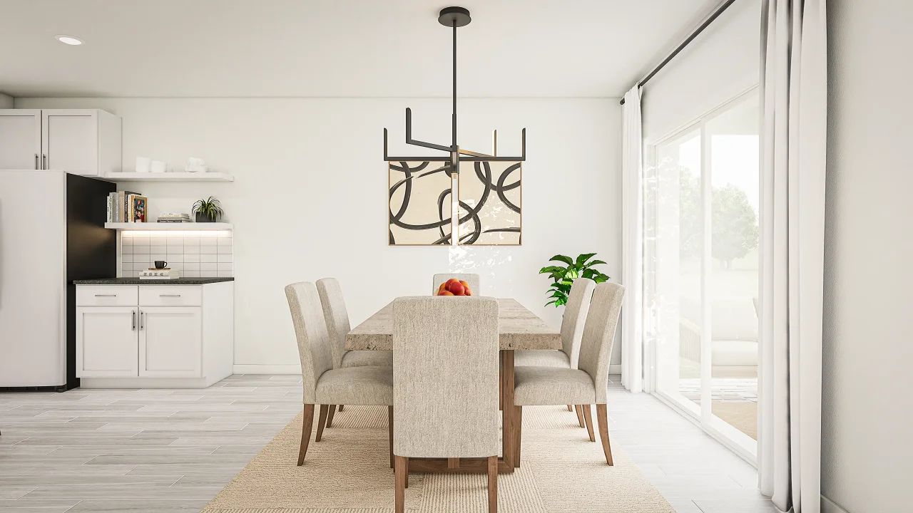 Dining area with decorative chandelier