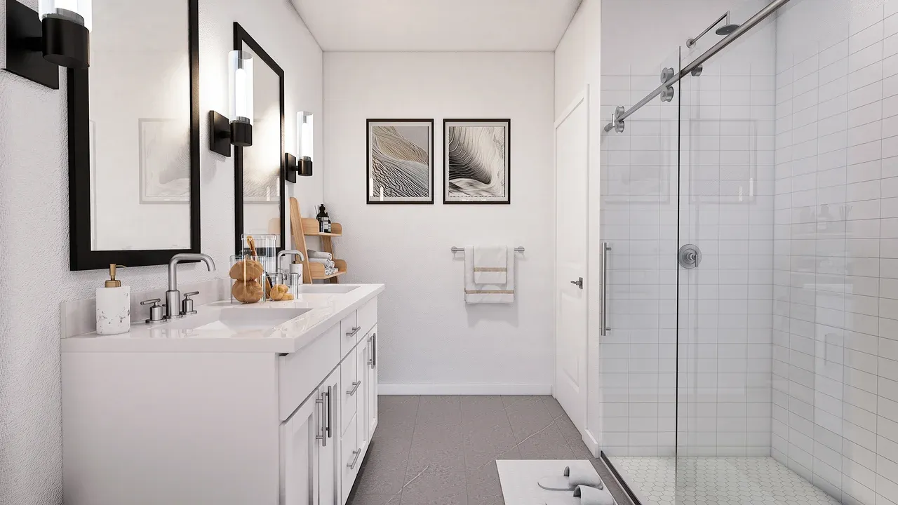 Primary bath with dual sinks and glass shower