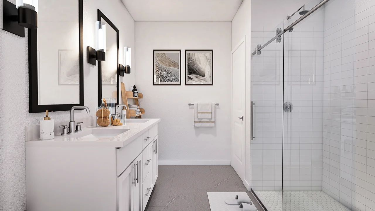 Primary bath with dual sinks and glass shower