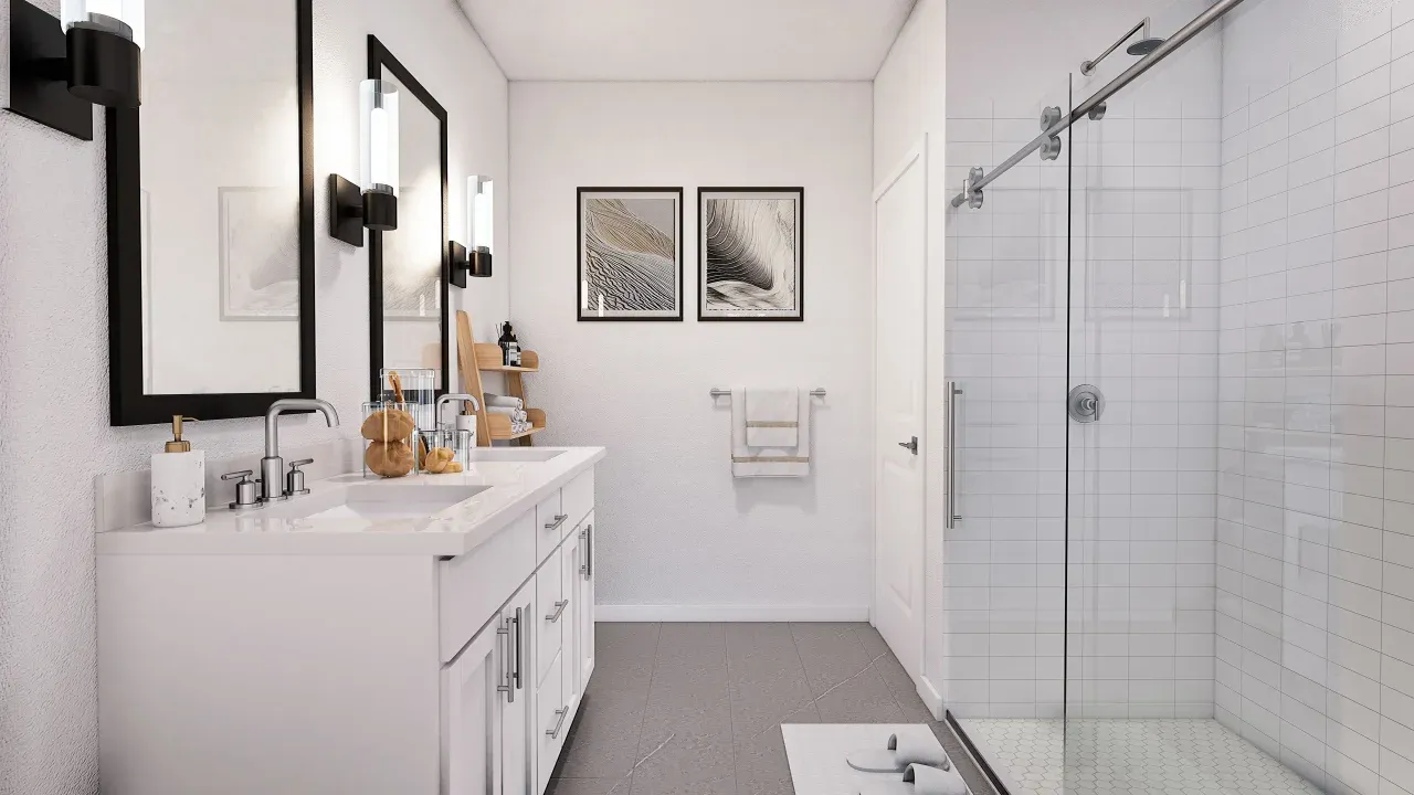 Primary bath with dual sinks and glass shower