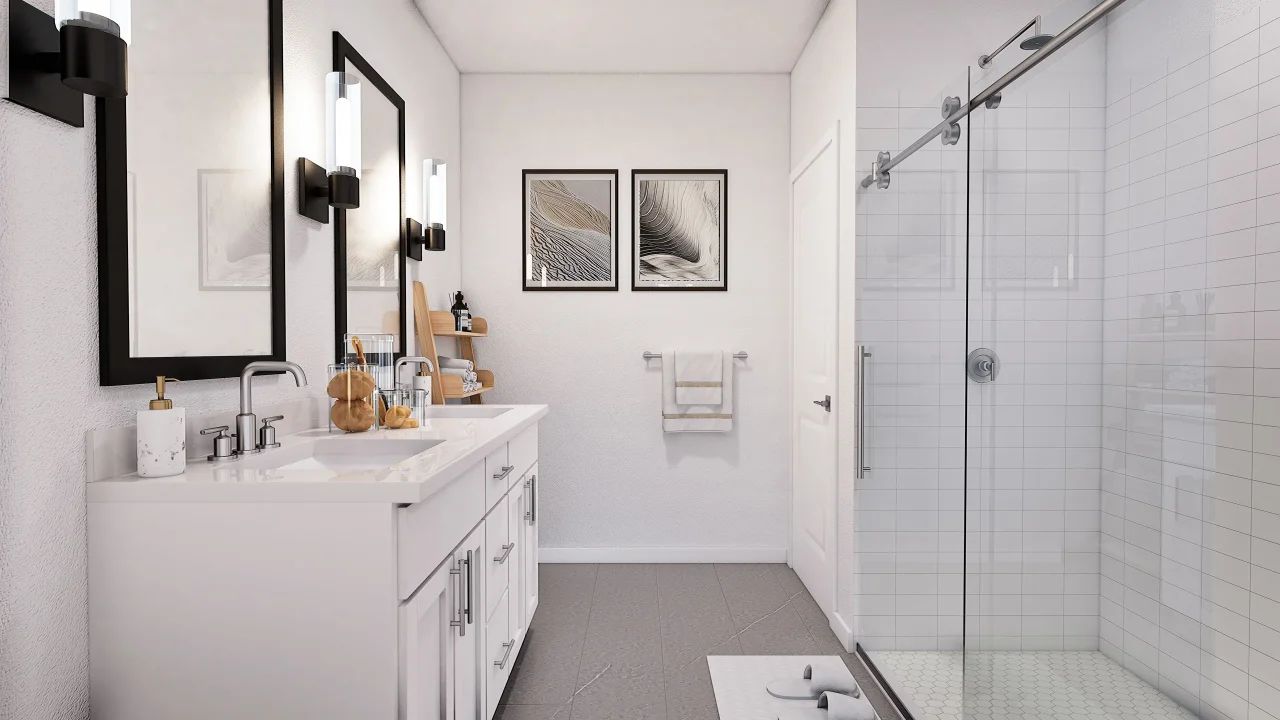 Primary bath with dual sinks and glass shower