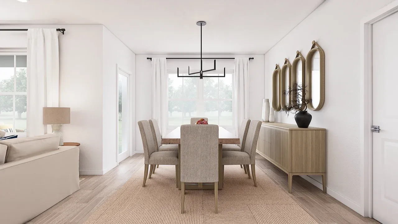 Dining area with decorative chandelier