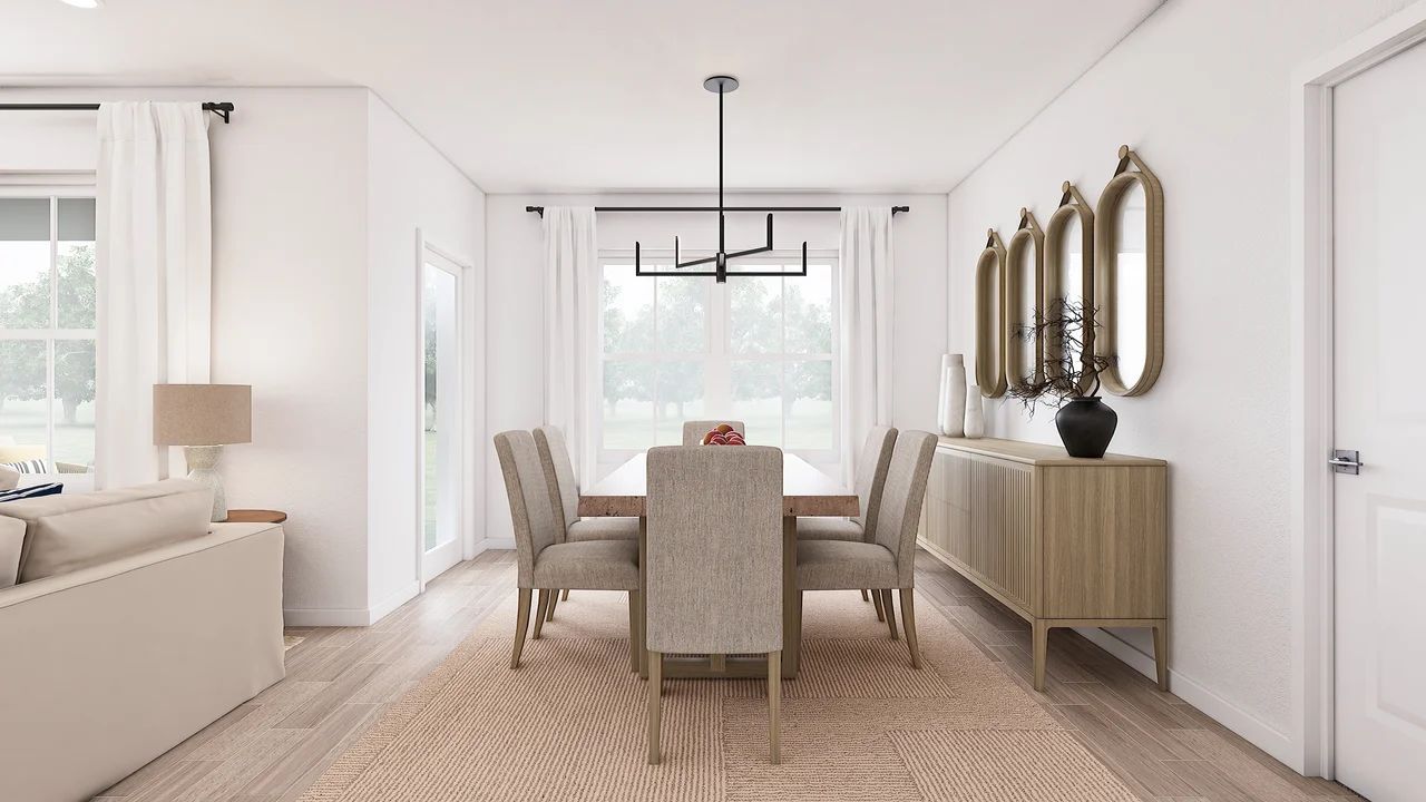 Dining area with decorative chandelier
